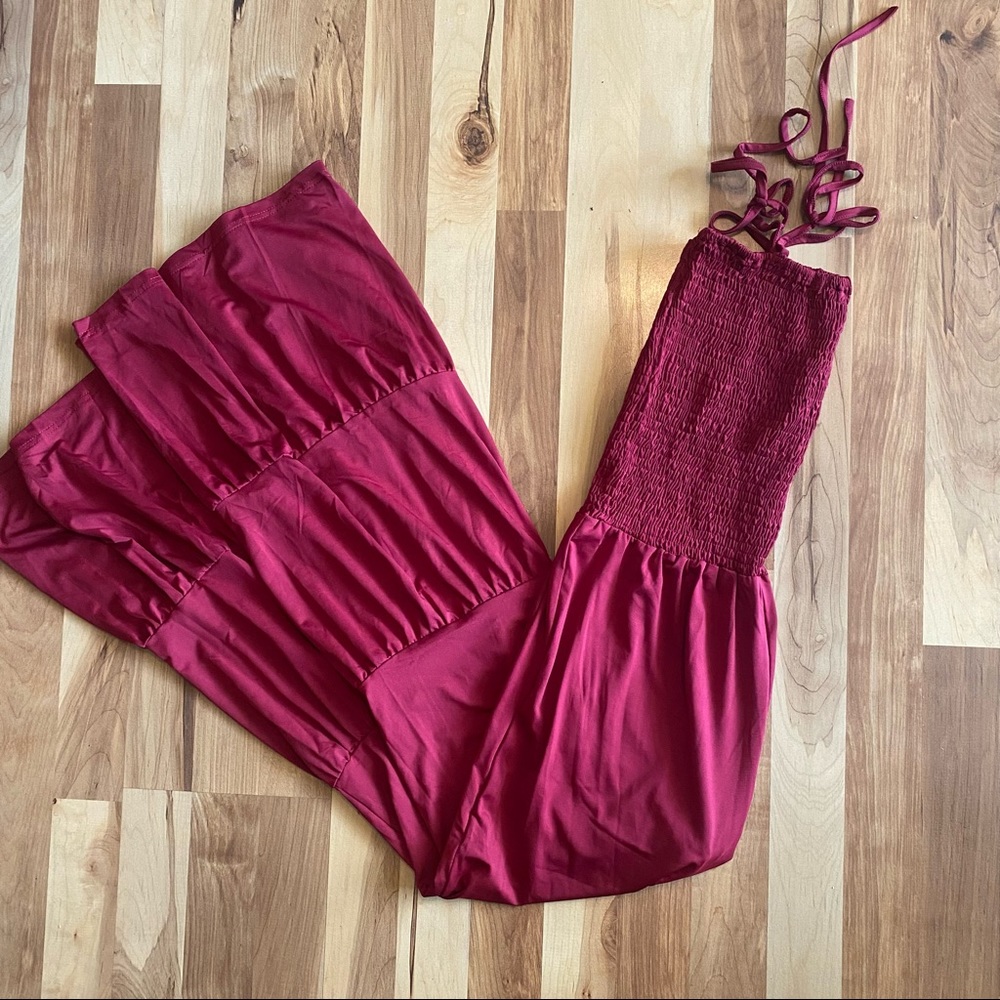 Red Tiered Ruffle Wide Leg Shoulder-Tie Smock Jumpsuit